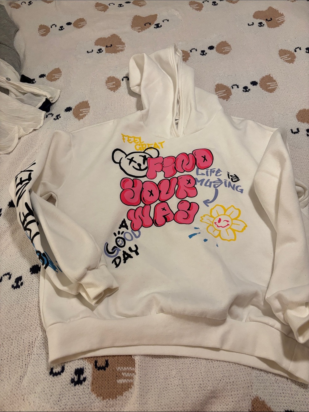 SHEIN Cream Graphic Hoodie with Pink & Yellow Accents